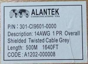 Alantek 14AWG, 1 pair cable 500m/cuộn (301-CI9601-0000)